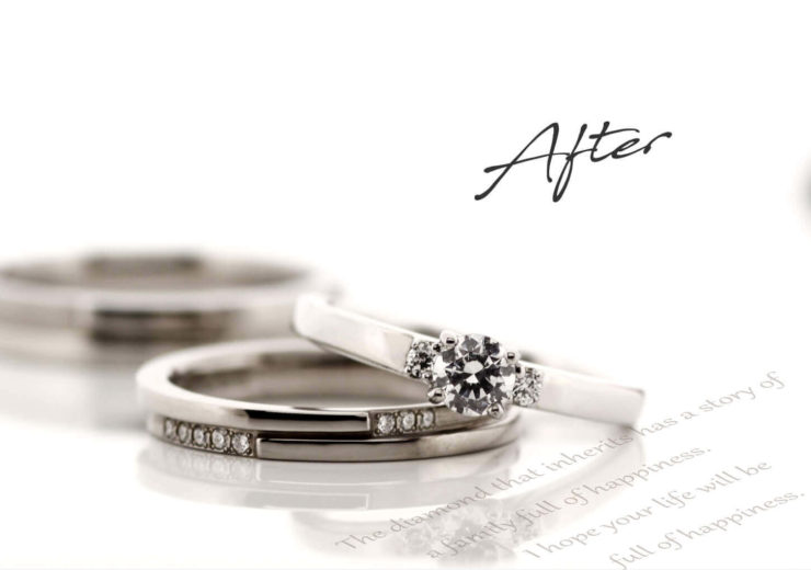お客様インタビューU様のビフォーアフターの画像。アフターは、センターダイヤの両サイドに1つずつ脇石が付いた婚約指輪と、コーディネートした結婚指輪。ビフォーは母から譲られた立て爪の1粒タイプの婚約指輪
