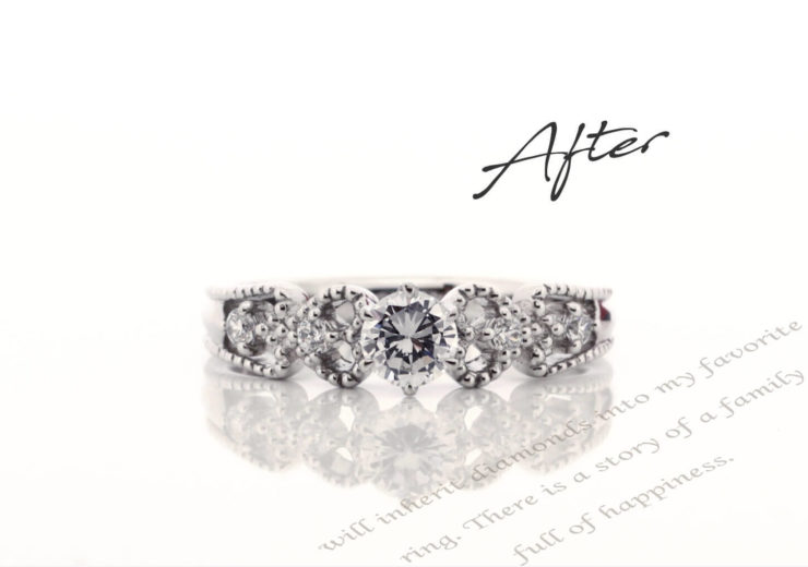お客様インタビューJ様のビフォーアフターの画像。アフターは娘がリモデルしてくれた、ミル打ちと透かしがおしゃれな婚約指輪。ビフォーは結婚当時に夫からもらった1粒タイプの立て爪の婚約指輪