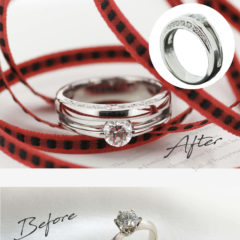 お客様インタビューS様のビフォーアフターの画像。アフターはデザイン性があり、サイド面にもメレダイヤを留めて華やかさもある、デイリータイプの指輪。ビフォーは夫からもらったシンプルな立て爪の1粒タイプの婚約指輪